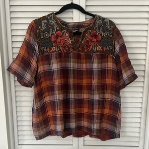 Johnny Was Plaid Top with Embroidered Floral Design